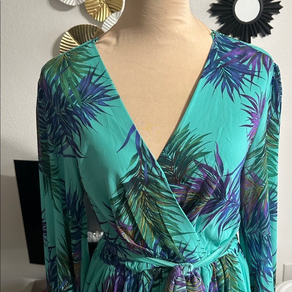 Fashion Nova Teal Tropical Midi Dress with Purple & Blue Palm Print - Picture 2 of 8